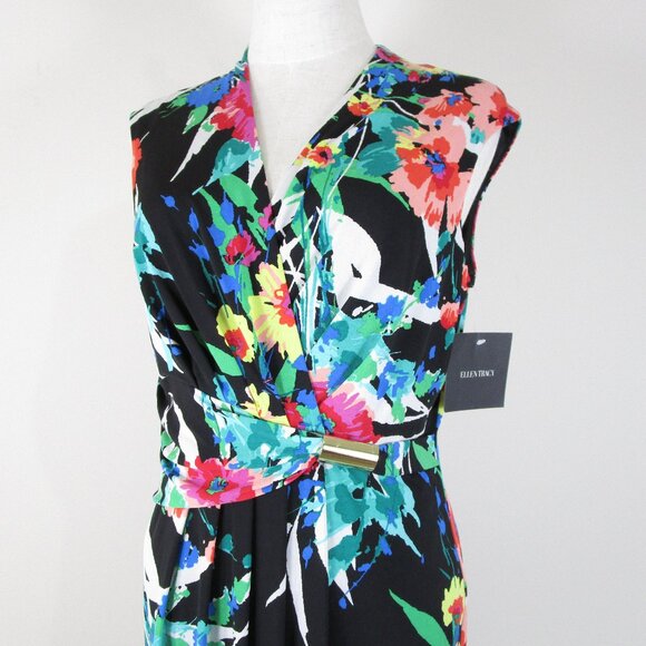 Ellen Tracy Womens Bright Multi-Color Floral Faux Wrap Sheath Dress Size 10 - Picture 2 of 11